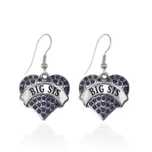 Silver Big Sis Navy Blue Blue Pave Heart Charm Dangle Earrings