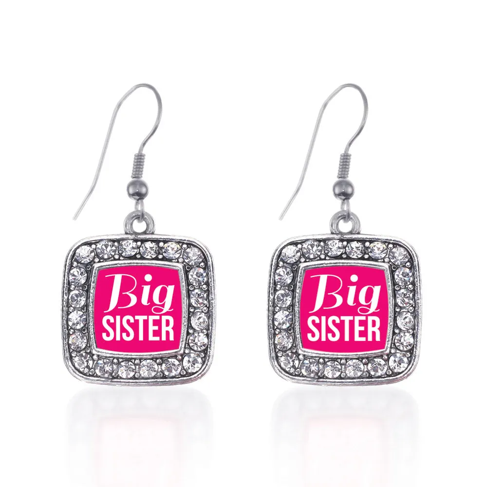 Silver Big Sister Square Charm Dangle Earrings