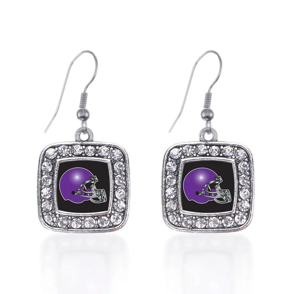 Silver Black and Purple Team Helmet Square Charm Dangle Earrings