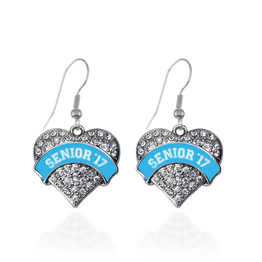 Silver Blue Senior 2017 Pave Heart Charm Dangle Earrings