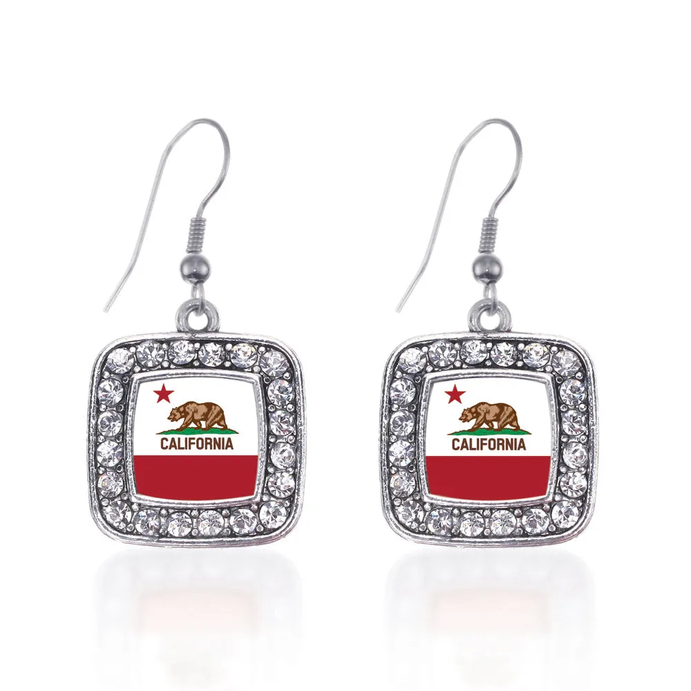 Silver California Flag Square Charm Dangle Earrings