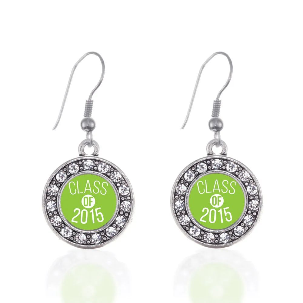 Silver Class of 2015 Lime Green Circle Charm Dangle Earrings