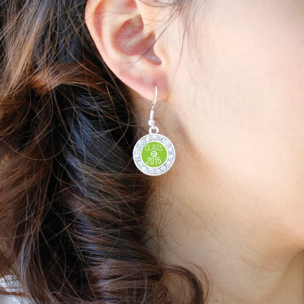 Silver Class of 2015 Lime Green Circle Charm Dangle Earrings