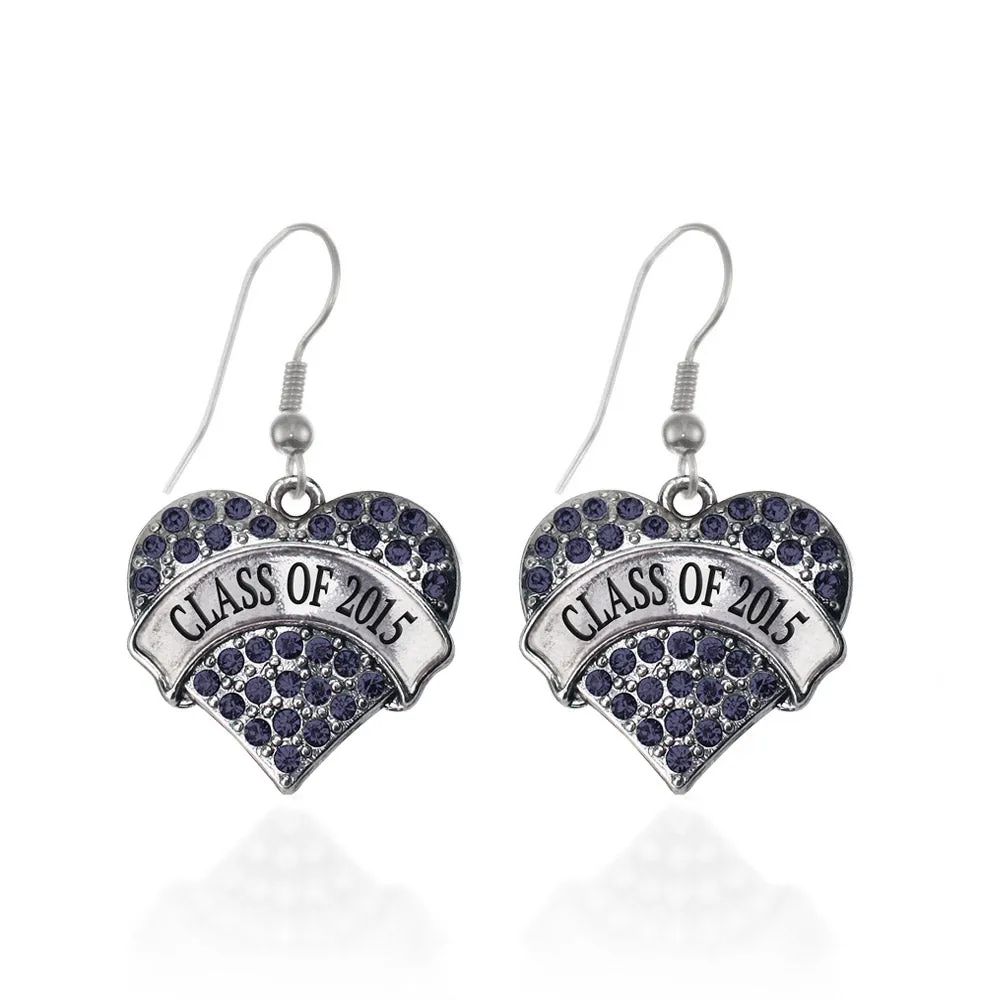 Silver Class of 2015 Navy Blue Pave Heart Charm Dangle Earrings