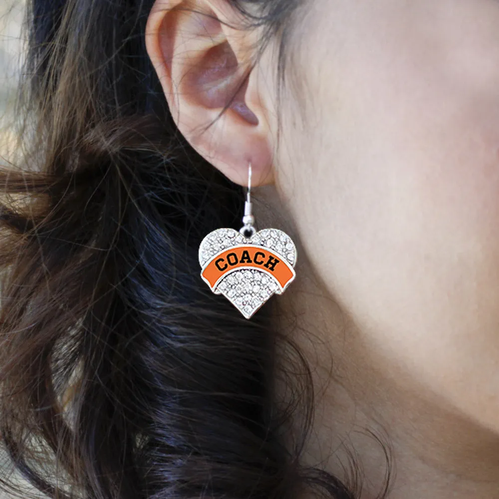 Silver Coach - Orange and Black Pave Heart Charm Dangle Earrings