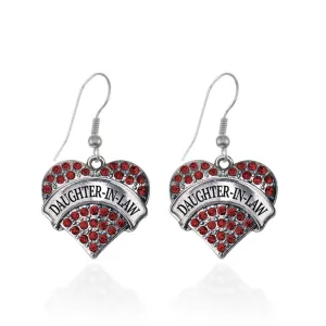 Silver Daughter-In-Law Red Pave Heart Charm Dangle Earrings