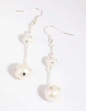 Silver Dual Pearl with Diamante Chain Earrings