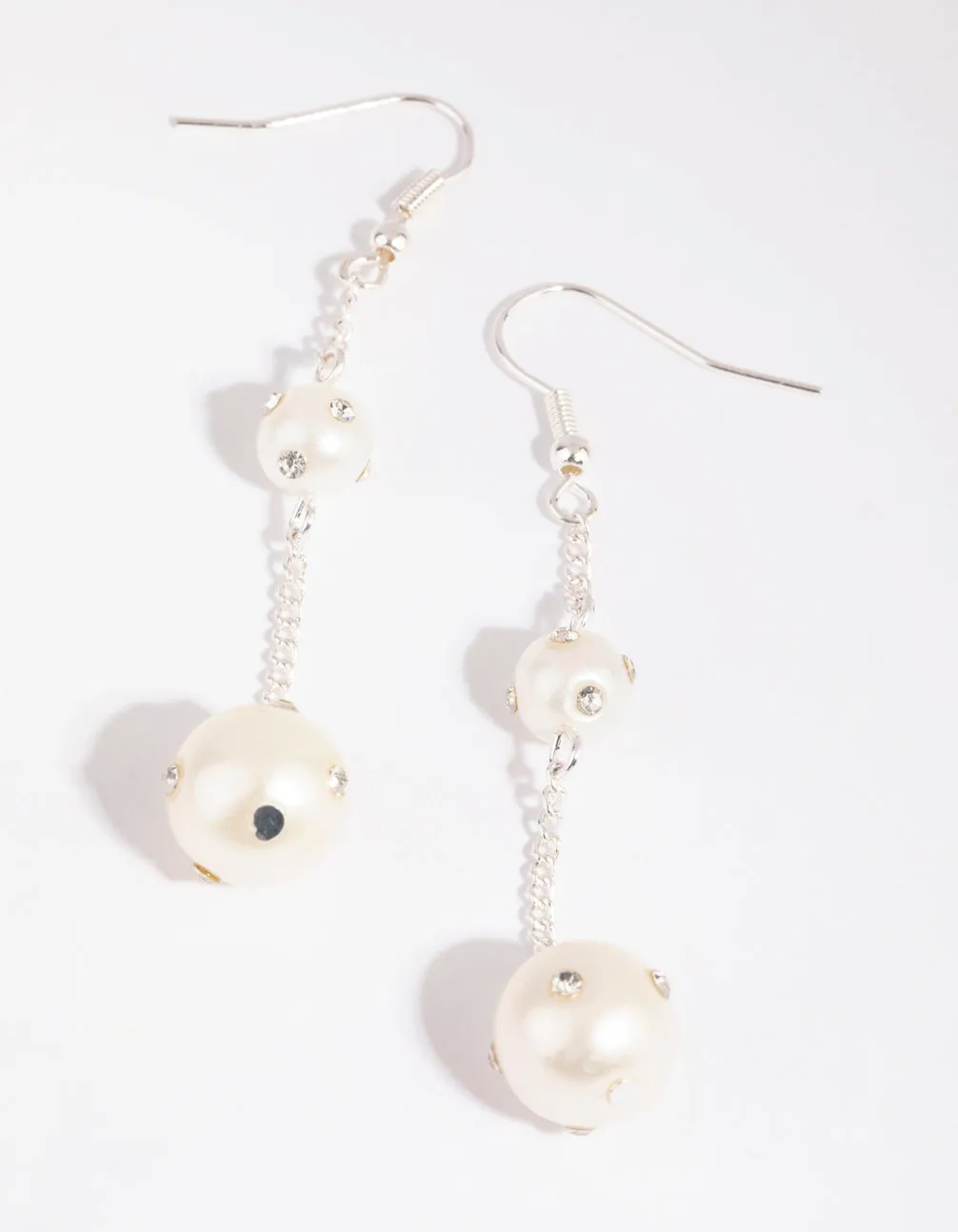 Silver Dual Pearl with Diamante Chain Earrings