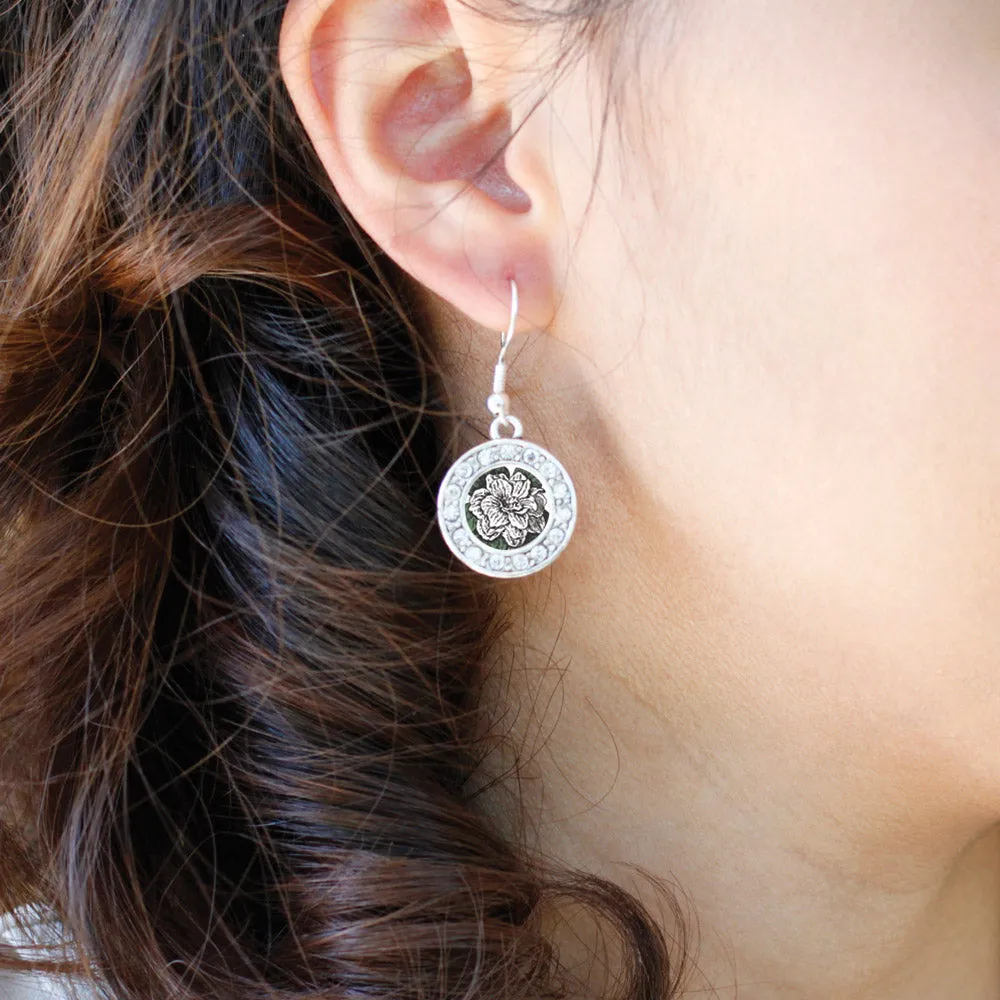 Silver Gardenia Flower Circle Charm Dangle Earrings