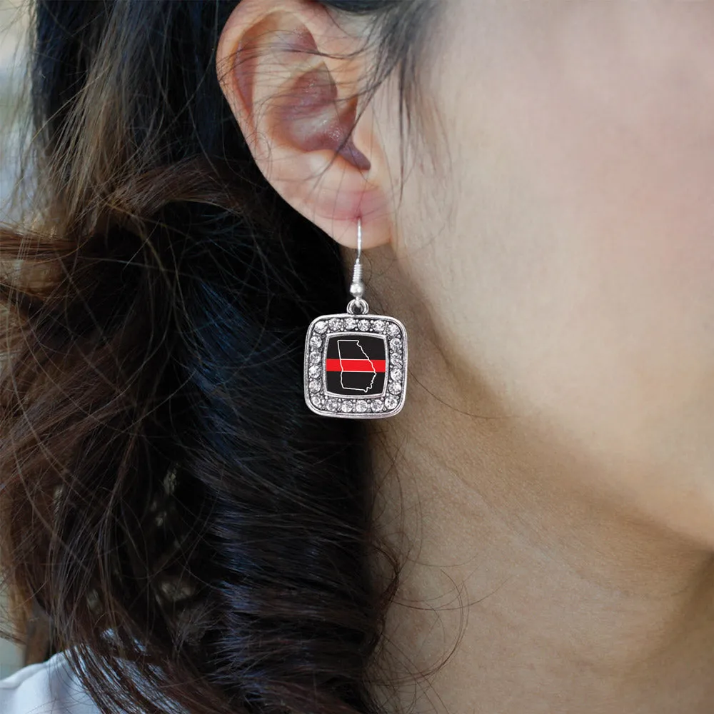 Silver Georgia Thin Red Line Square Charm Dangle Earrings