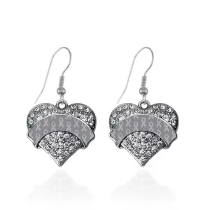 Silver Gray Ribbon Support Pave Heart Charm Dangle Earrings