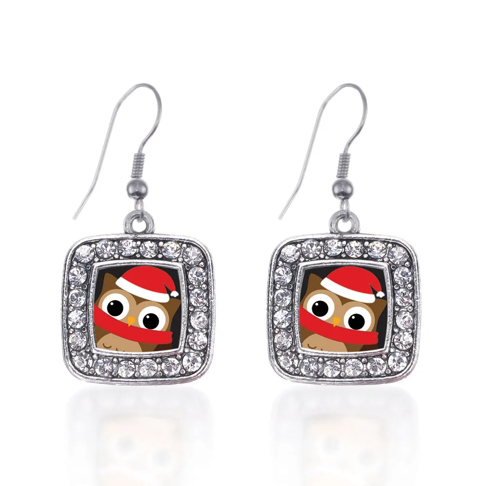 Silver Holiday Hoot Square Charm Dangle Earrings