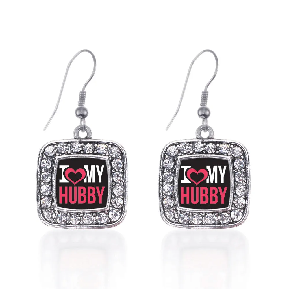 Silver I Love My Hubby Square Charm Dangle Earrings