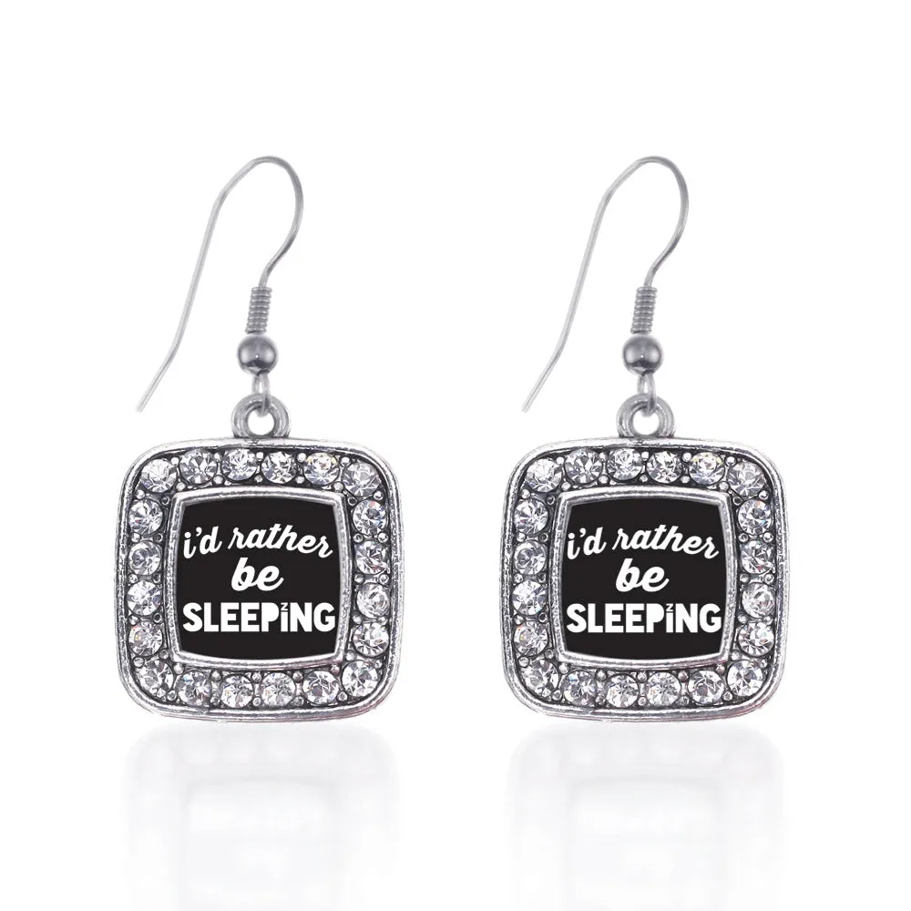 Silver I'd Rather Be Sleeping Square Charm Dangle Earrings