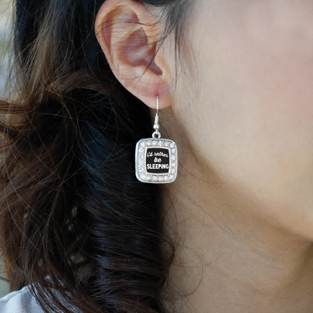 Silver I'd Rather Be Sleeping Square Charm Dangle Earrings