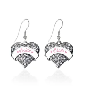 Silver Light Pink Bride Pave Heart Charm Dangle Earrings