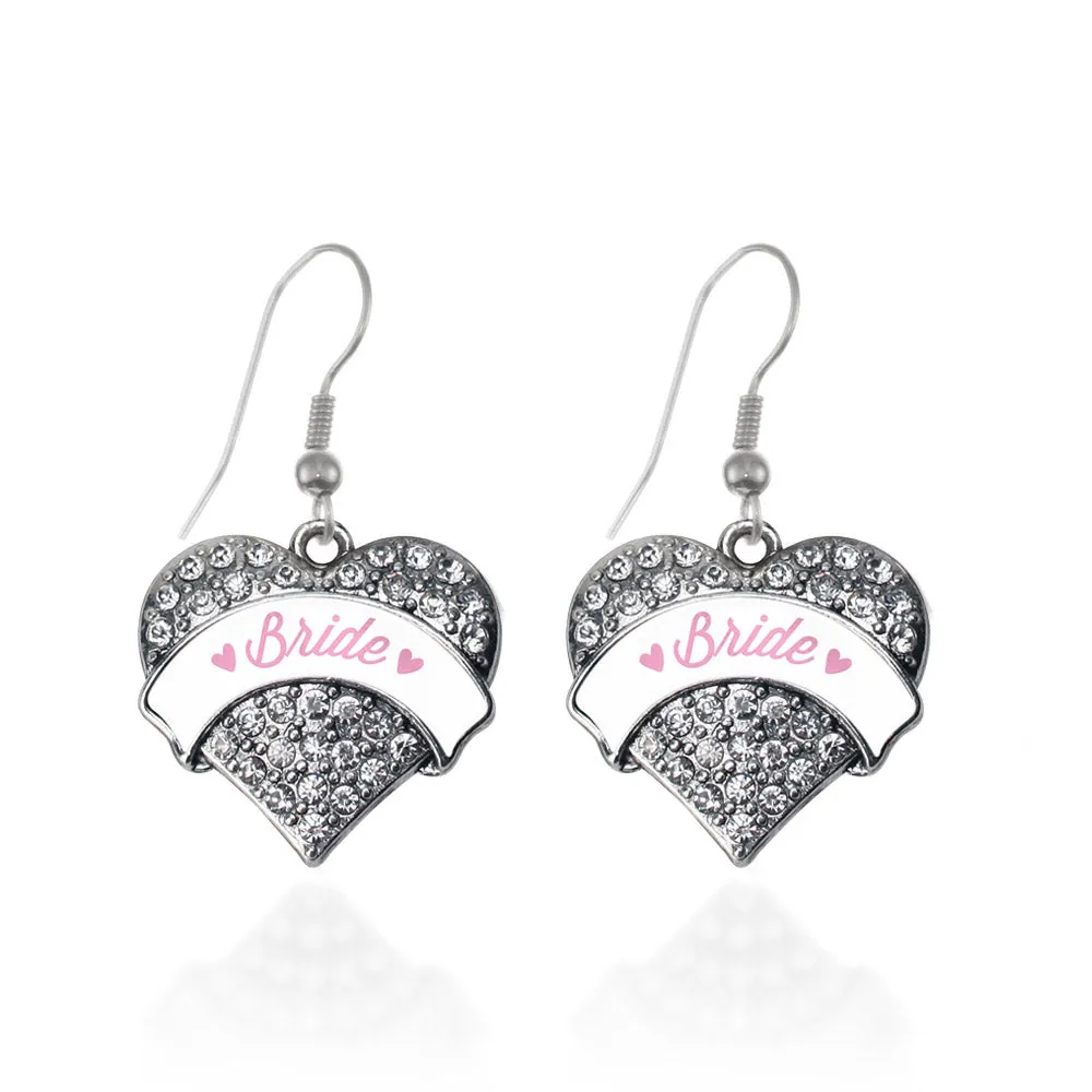 Silver Light Pink Bride Pave Heart Charm Dangle Earrings