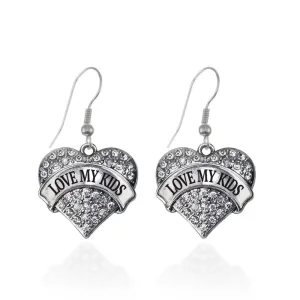 Silver Love my kids Pave Heart Charm Dangle Earrings