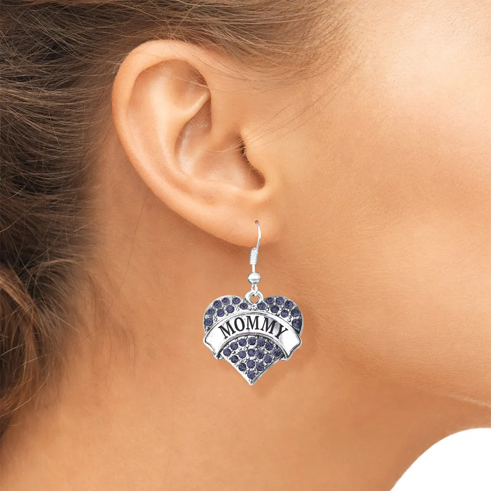 Silver Mommy Navy Blue Blue Pave Heart Charm Dangle Earrings