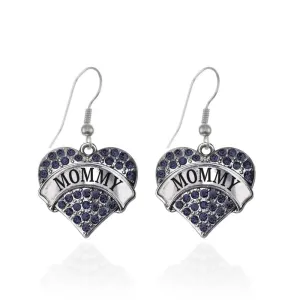 Silver Mommy Navy Blue Blue Pave Heart Charm Dangle Earrings