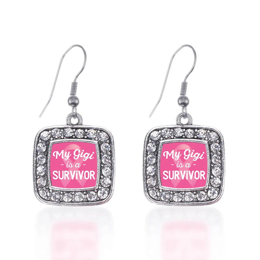 Silver My Gigi is a Survivor Breast Cancer Awareness Square Charm Dangle Earrings