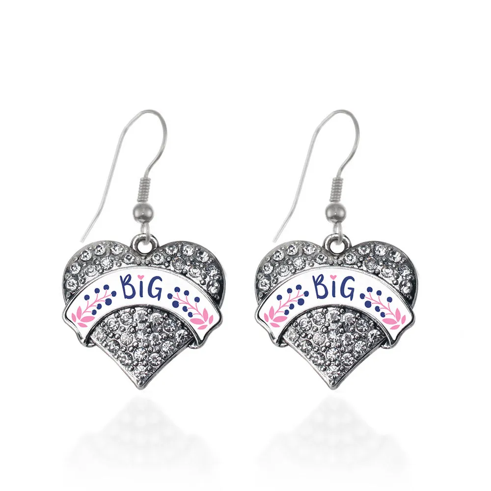 Silver Navy Blue and Rose Big Pave Heart Charm Dangle Earrings