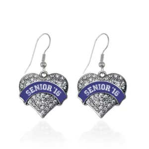 Silver Navy Blue Senior 2016 Pave Heart Charm Dangle Earrings