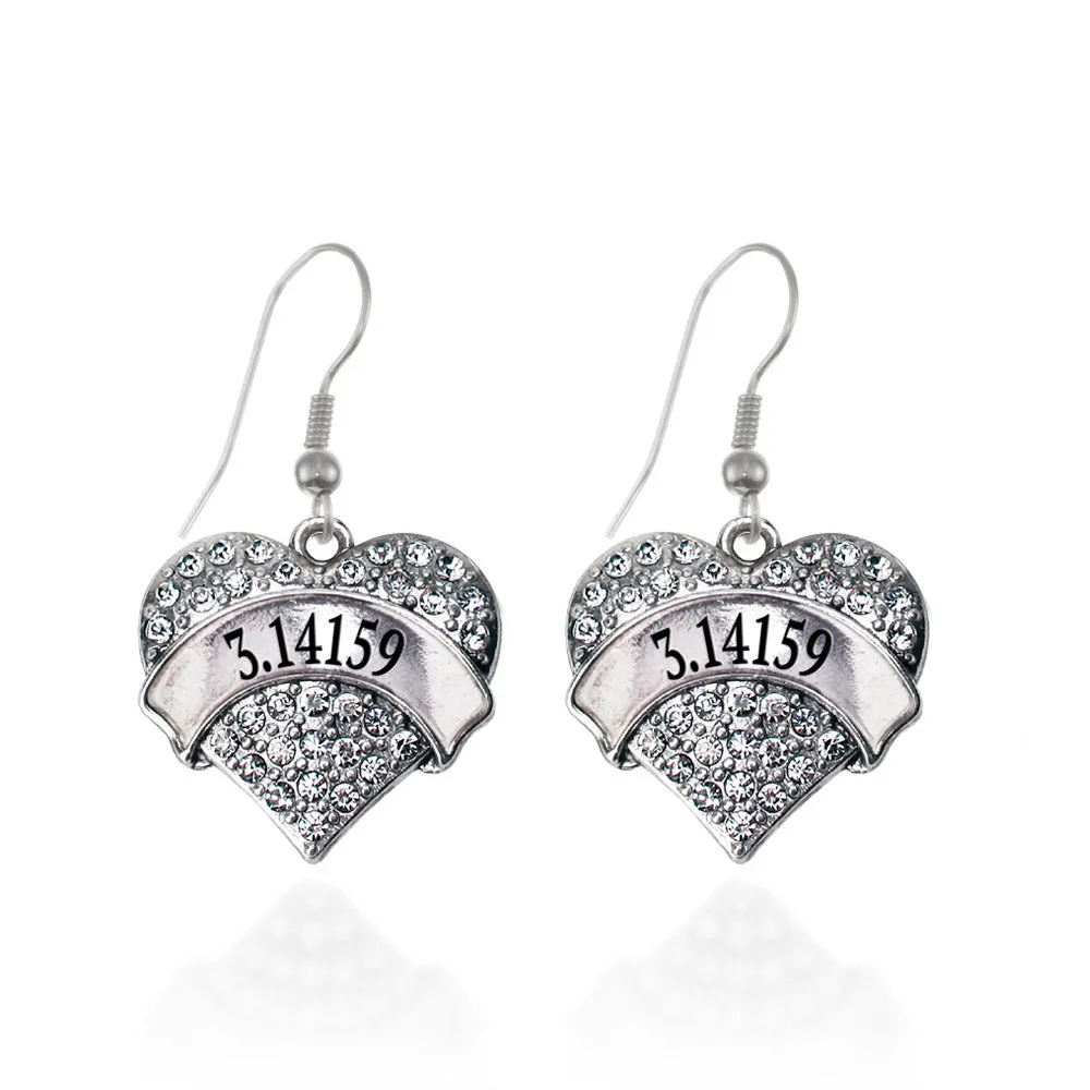 Silver Pi Numbers Pave Heart Charm Dangle Earrings