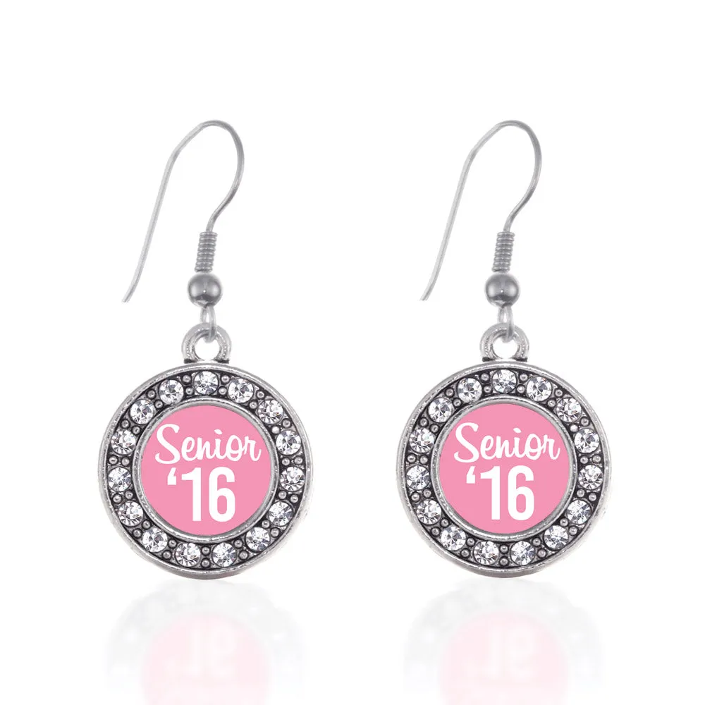 Silver Pink Senior '16 Circle Charm Dangle Earrings