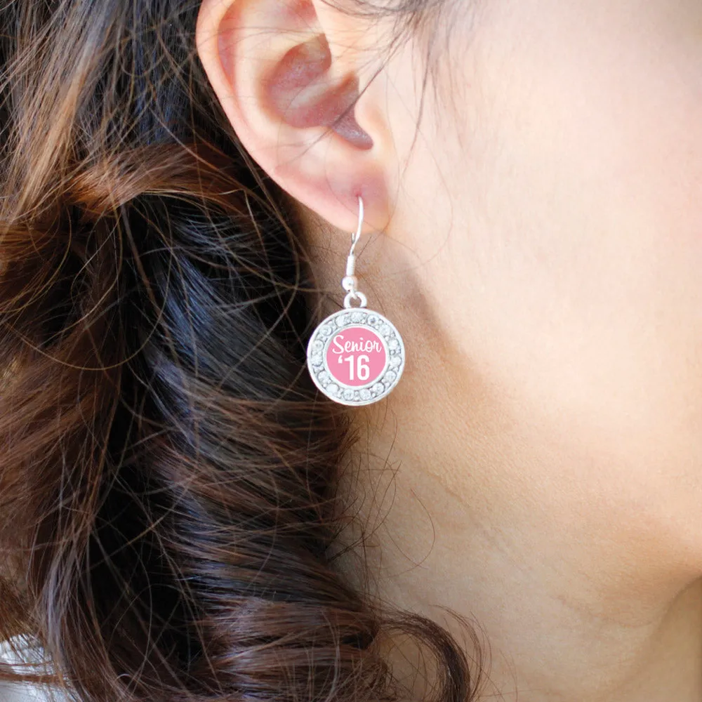 Silver Pink Senior '16 Circle Charm Dangle Earrings