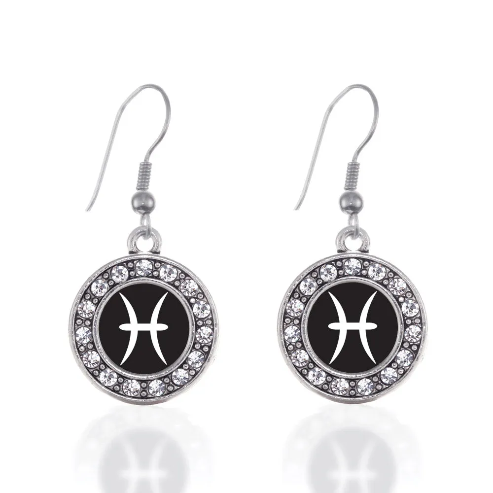 Silver Pisces Zodiac Circle Charm Dangle Earrings