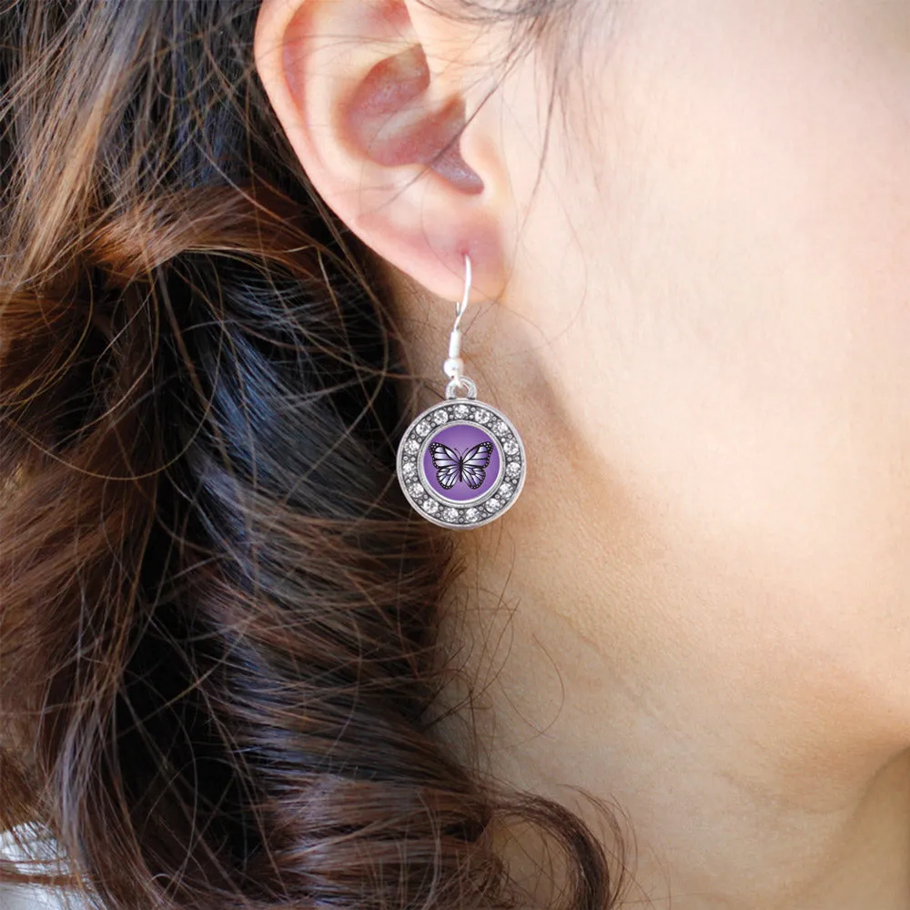 Silver Purple Butterfly Circle Charm Dangle Earrings