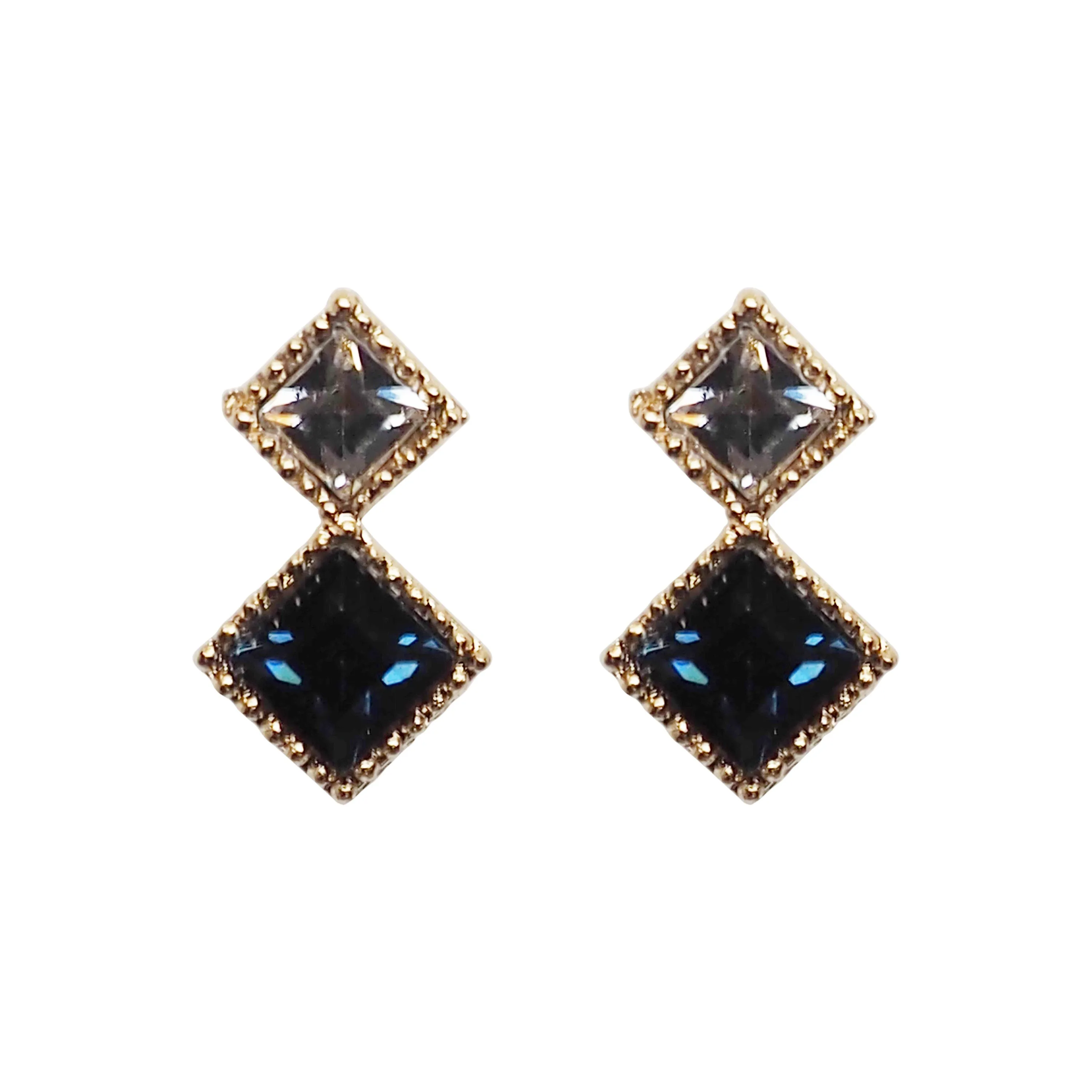 Square Navy Blue & Clear Swarovski Crystal Invisible Clip On Stud Earrings