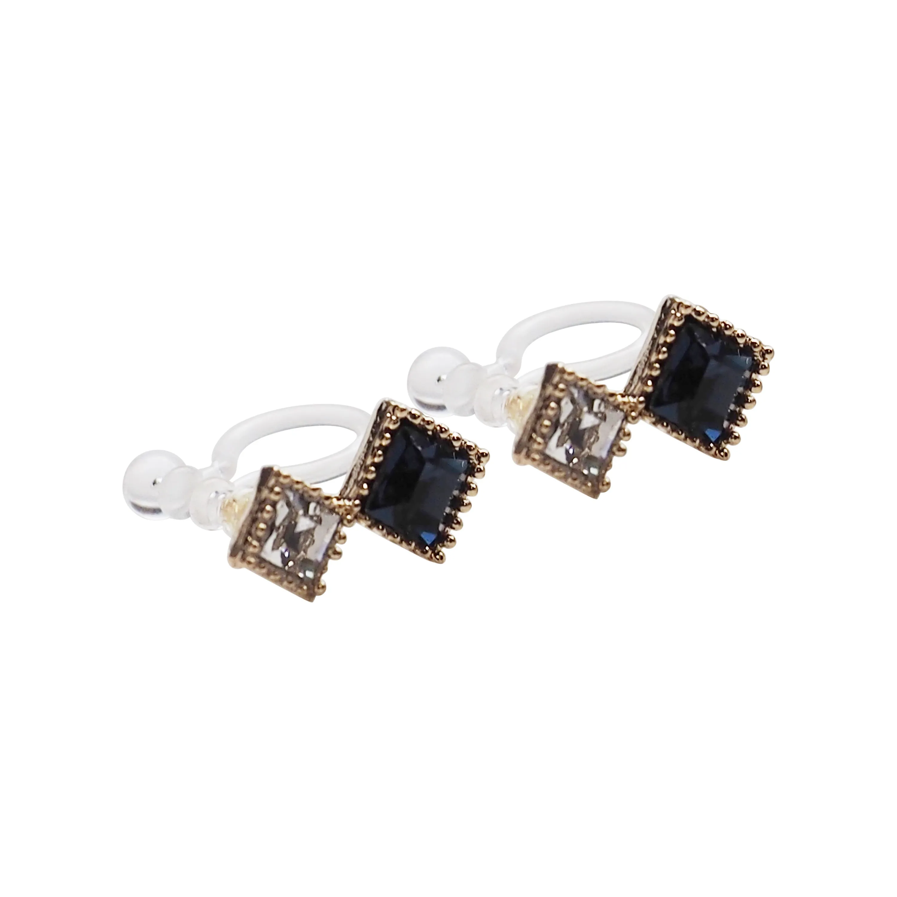 Square Navy Blue & Clear Swarovski Crystal Invisible Clip On Stud Earrings