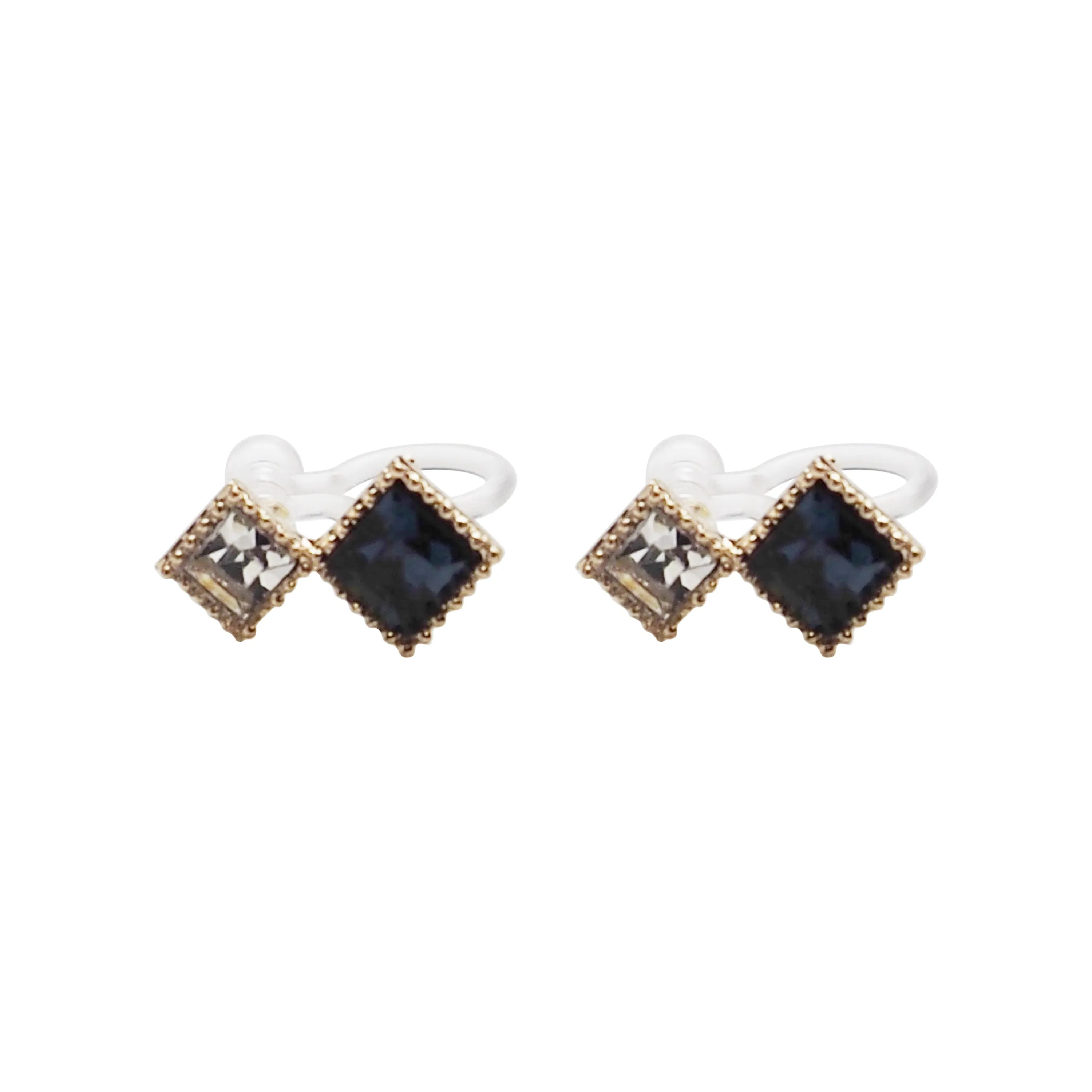 Square Navy Blue & Clear Swarovski Crystal Invisible Clip On Stud Earrings