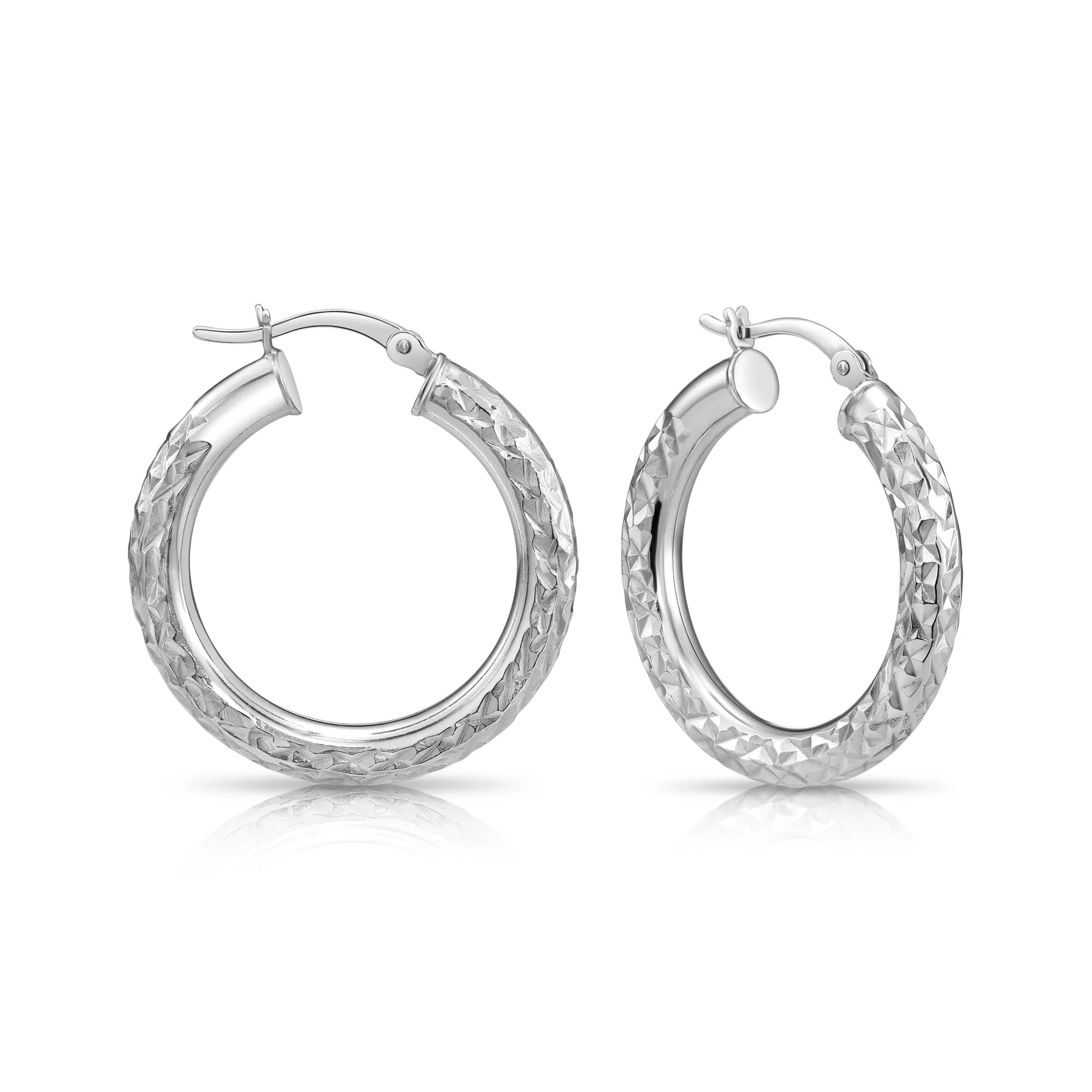 Sterling Silver Diamond-Cut Round Hoop Earrings, Medium Hoop Earrings 28mm, Hand Engraved Design