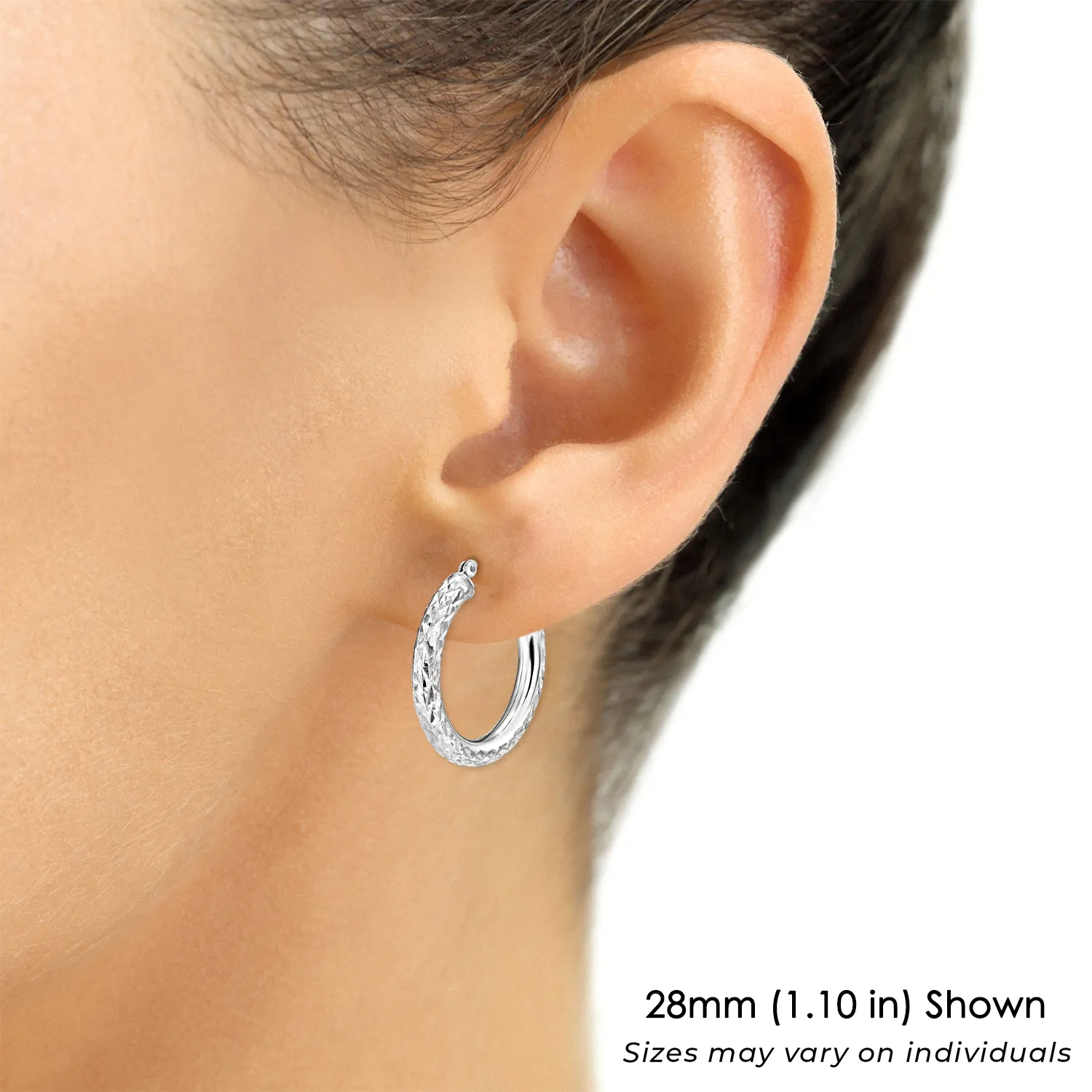 Sterling Silver Diamond-Cut Round Hoop Earrings, Medium Hoop Earrings 28mm, Hand Engraved Design