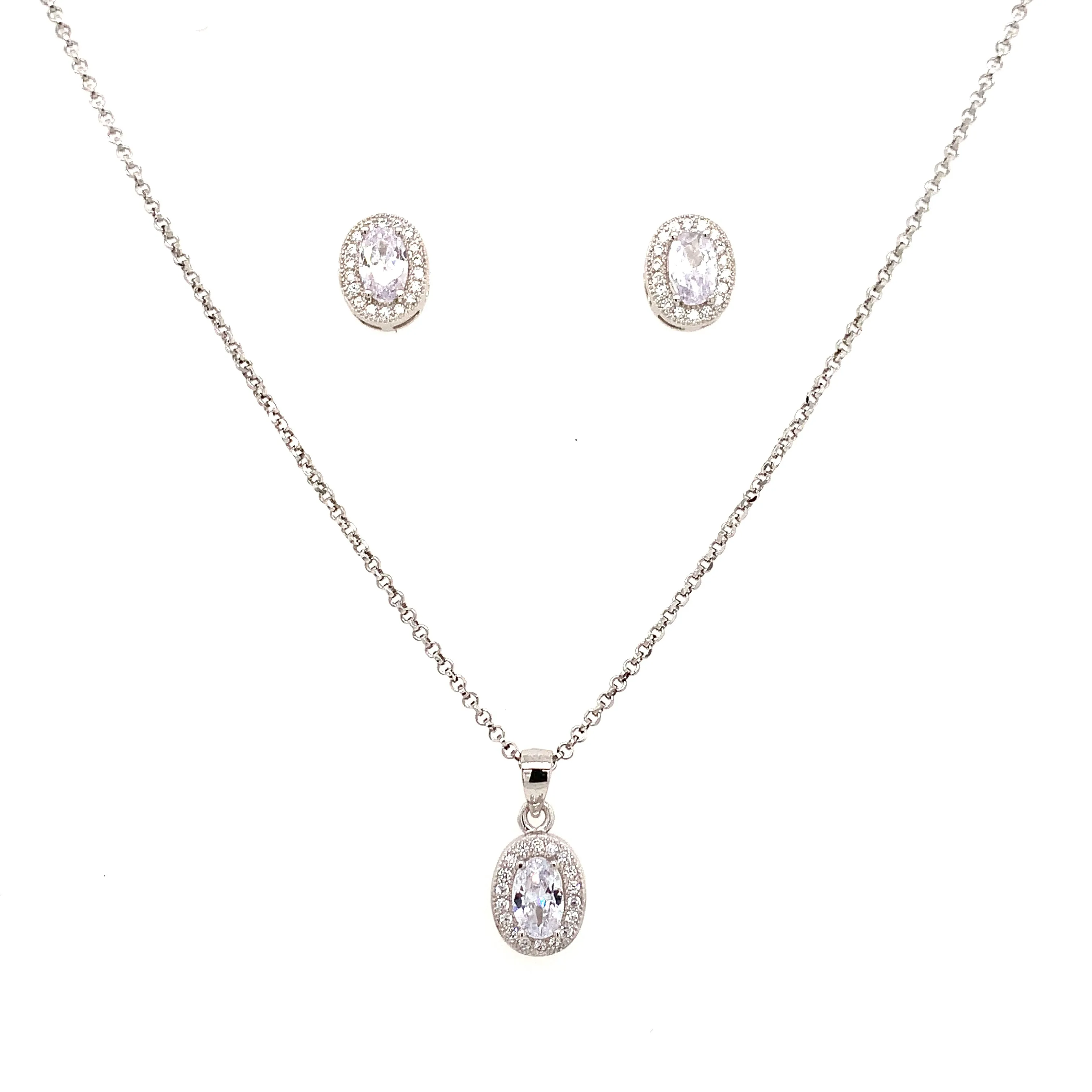 Sterling Silver Oval Halo CZ Earrings & Pendant Set