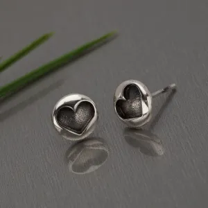 Sterling Silver Oxidized Stamped Heart Stud Earrings