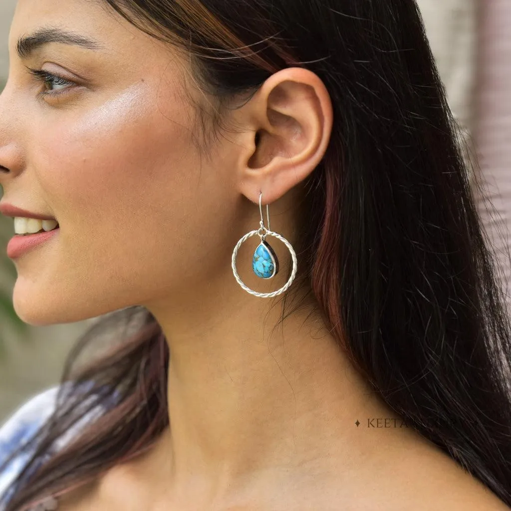 Twisted Pear - Copper Turquoise Hoop Earrings