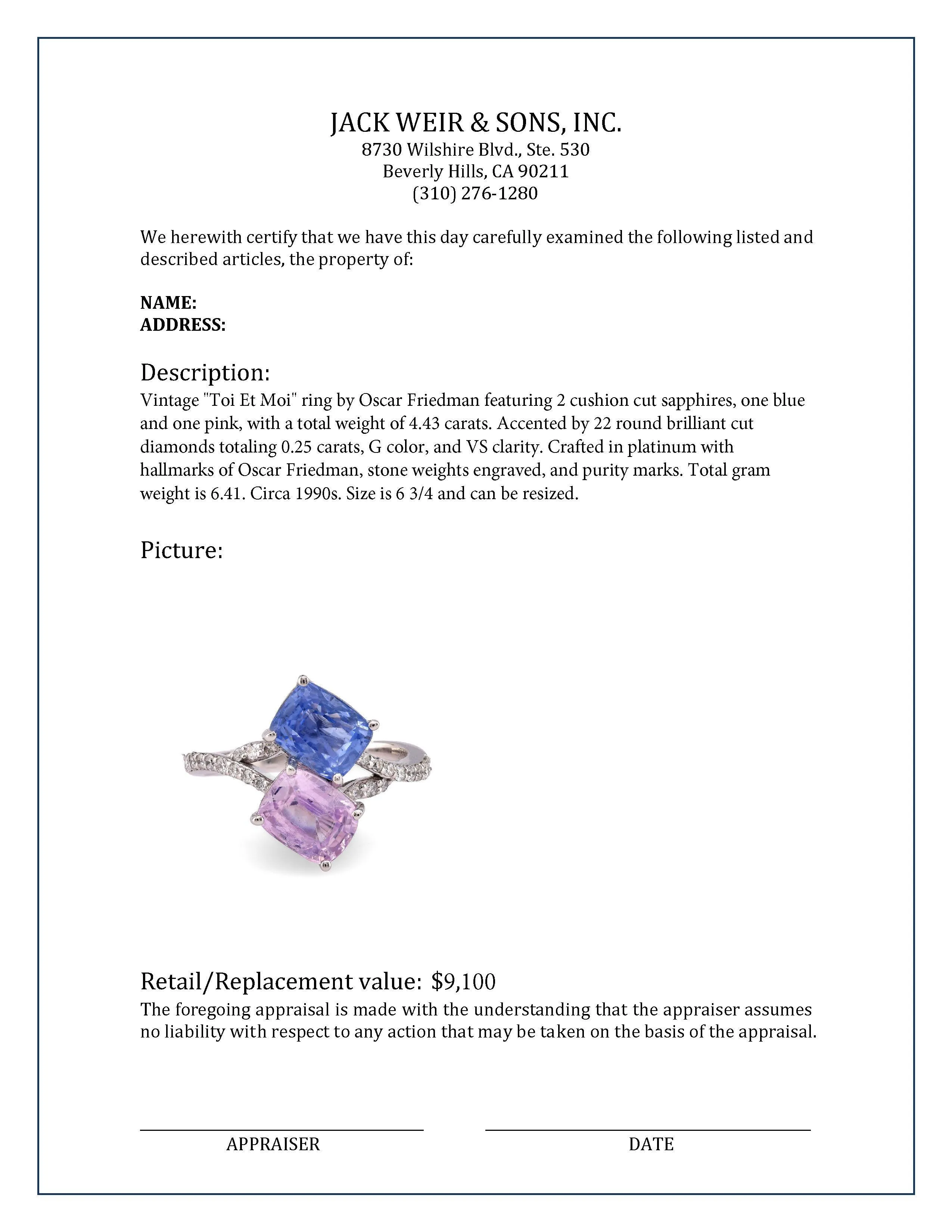 Vintage 4.43 Carat Blue and Pink Sapphire Diamond Platinum Toi Et Moi Ring