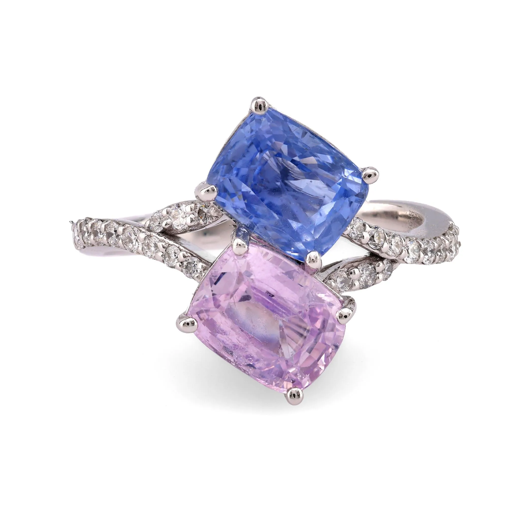 Vintage 4.43 Carat Blue and Pink Sapphire Diamond Platinum Toi Et Moi Ring