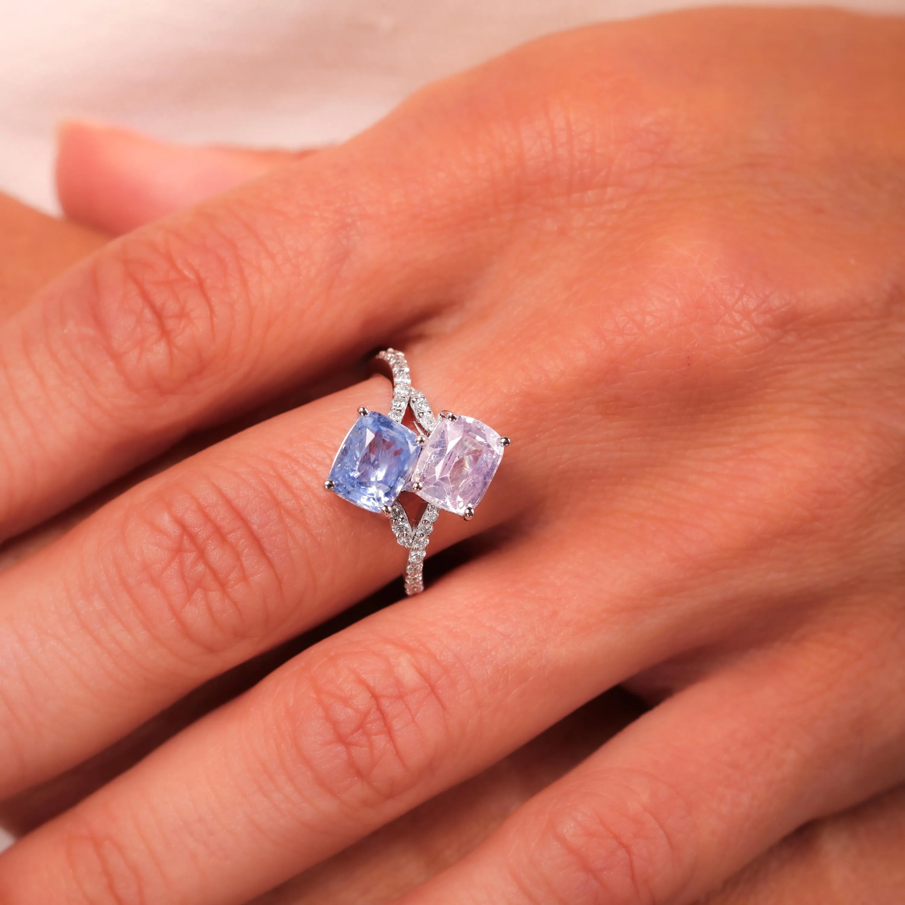 Vintage 4.43 Carat Blue and Pink Sapphire Diamond Platinum Toi Et Moi Ring