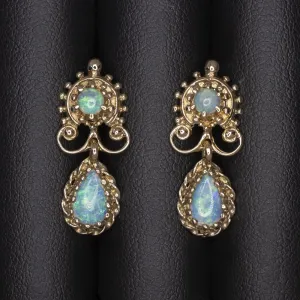 VINTAGE OPAL DANGLE EARRINGS 14k YELLOW GOLD DROP ESTATE JEWELRY NATURAL PEAR