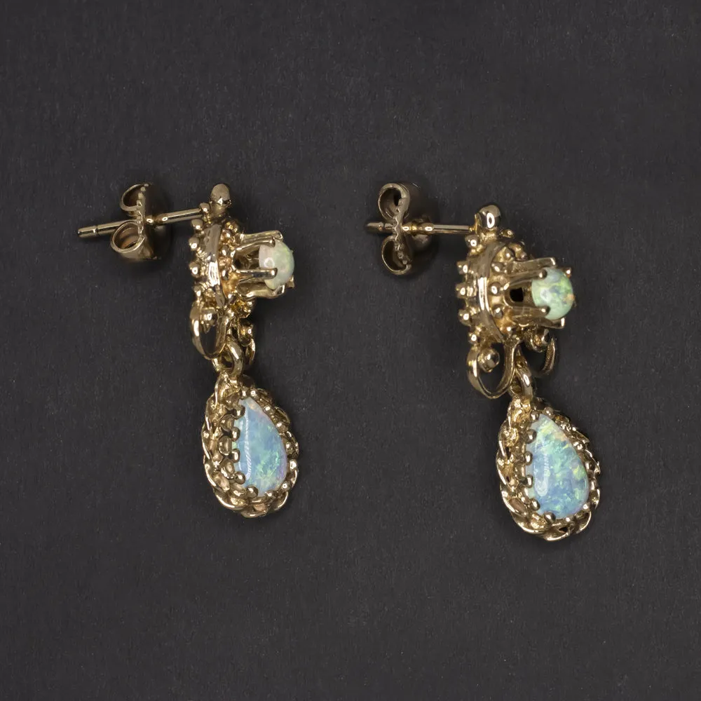 VINTAGE OPAL DANGLE EARRINGS 14k YELLOW GOLD DROP ESTATE JEWELRY NATURAL PEAR