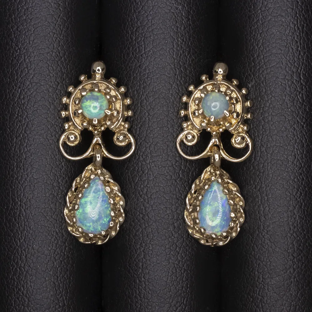 VINTAGE OPAL DANGLE EARRINGS 14k YELLOW GOLD DROP ESTATE JEWELRY NATURAL PEAR