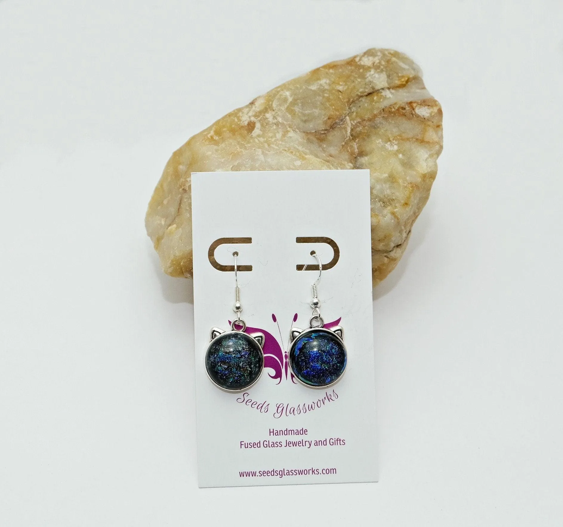 Whimsical Cat Head Shaped pierced Earrings - Silver Tone with blue Dichroic Glass