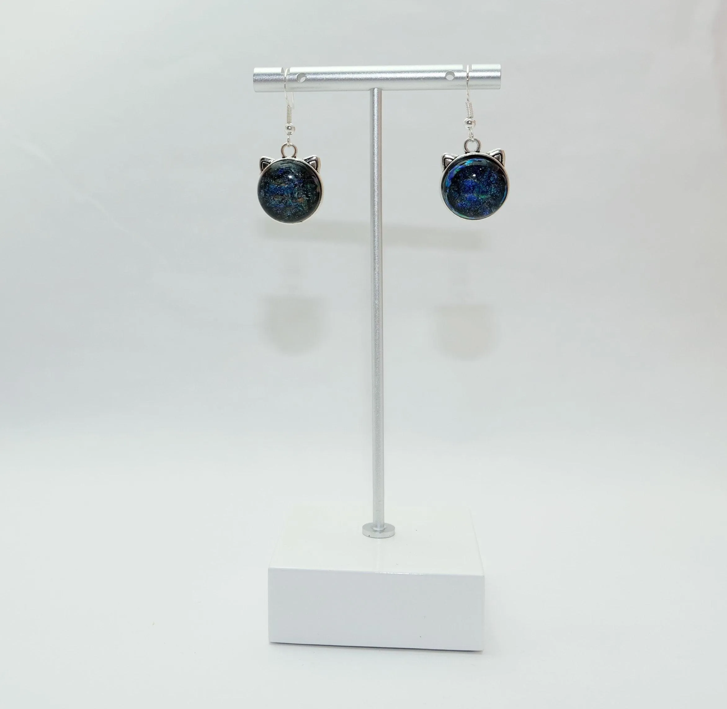 Whimsical Cat Head Shaped pierced Earrings - Silver Tone with blue Dichroic Glass