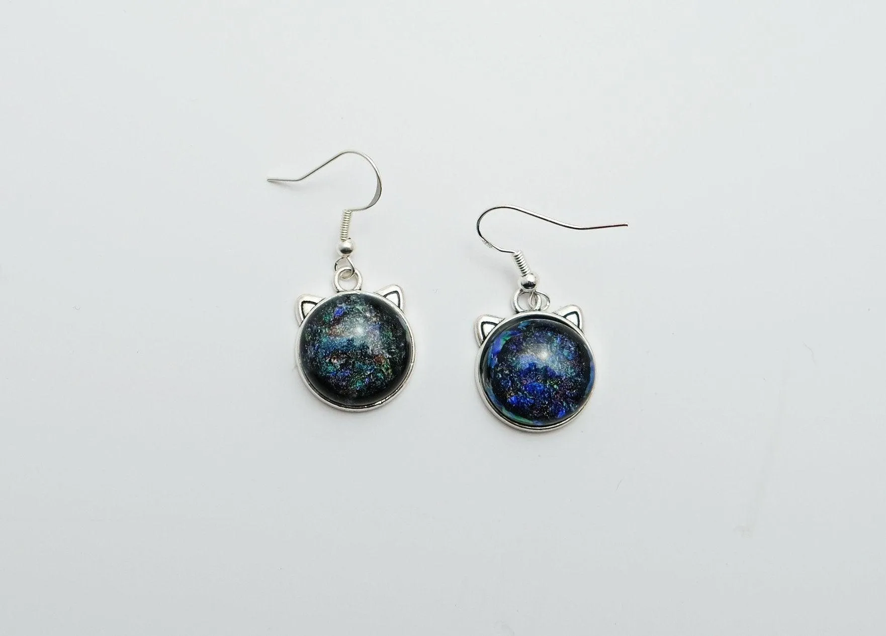 Whimsical Cat Head Shaped pierced Earrings - Silver Tone with blue Dichroic Glass