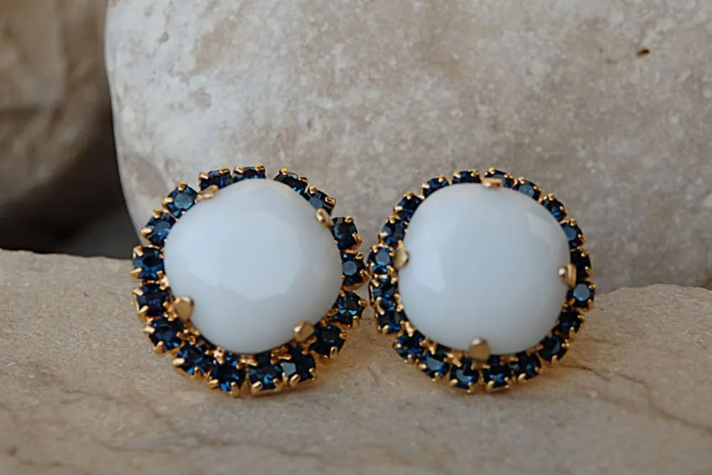 White and Deep Blue Stud Earrings